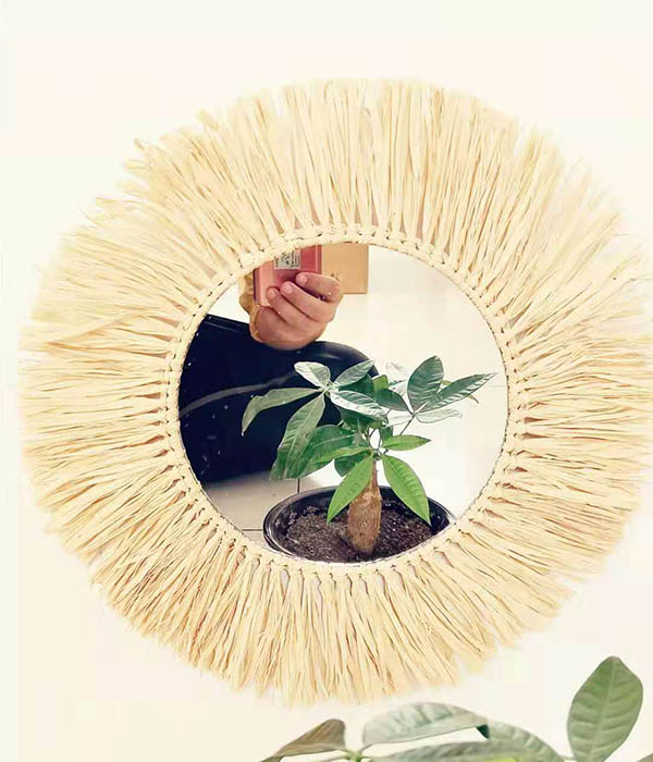 handmade raffia grass Moon phase glass mirror for home wall hanging2